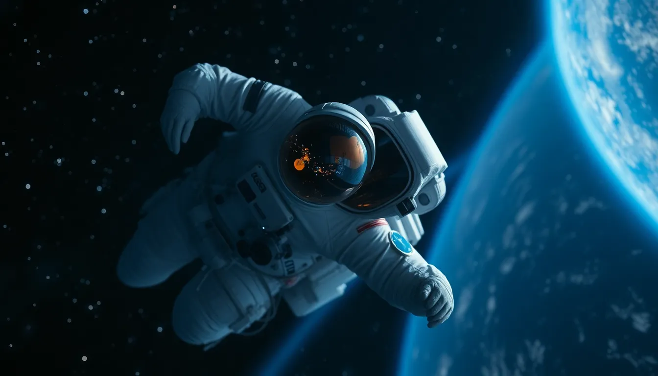 Astronaut Floating in Space An astronaut floats serenely in the vastness of space, illuminated by starlight and the distant glow of Earth. The image captures the astronaut's intricate suit, reflecting the beauty of the cosmos. With a blurred background creating depth, the scene evokes feelings of isolation and awe. The contrast of deep blacks against the vibrant planet showcases the vastness of space, while the composition adheres to the rule of thirds, adding visual interest.