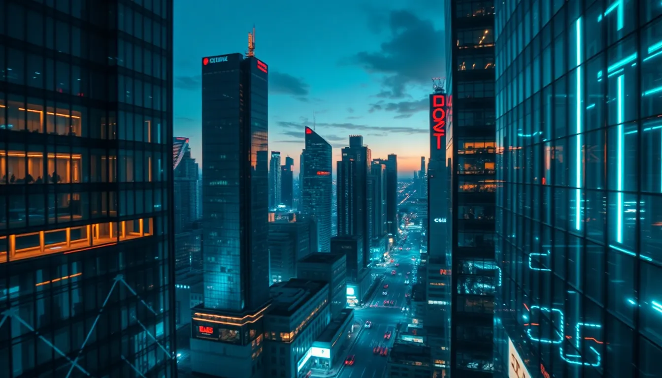 Futuristic Cityscape with Augmented Reality This stunning image depicts a futuristic cityscape enhanced by augmented reality elements, showcasing a vibrant blend of technology and architecture. The twilight setting, marked by neon reflections, sets a dramatic mood, while the sharp focus captures both reality and digital layers in extraordinary detail. The dynamic angle further enhances the innovative urban environment.