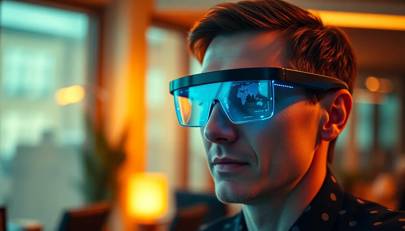 Augmented Reality Marketing Presentation This photograph portrays a professional immersed in a digital marketing presentation through augmented reality glasses. The warm tungsten lighting enhances the inviting office ambiance, while the sharp focus captures the intricate details of the AR interface. The balanced colors and central composition emphasize the seamless blend of technology and business.