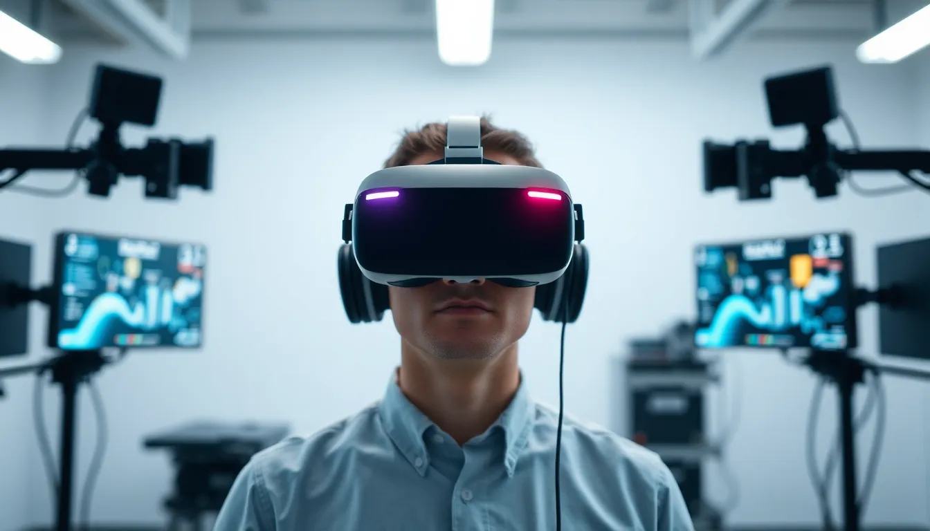 Virtual Reality Training in High-Tech Studio This striking image illustrates a virtual reality training session within a modern and meticulously designed environment. The bright white lighting enhances the innovation of the space, while the focused subjects illustrate the cutting-edge technology at play. The balanced composition and detail in the textures underscore the serious nature of this immersive training experience.