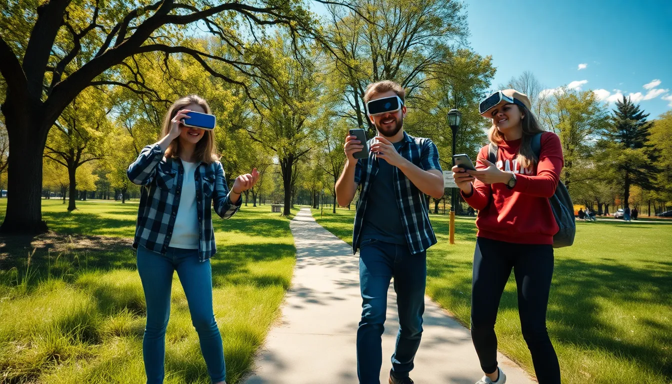 This uplifting image captures a group of friends fully engaged in an augmented reality game while enjoying a sunny day in the park. With dappled sunlight creating playful shadows, the scene radiates joy and excitement. The vibrant colors of nature enhance the moment, creating a lively backdrop for their high-energy interactions. The composition effectively leads viewers through the pathway into the heart of the action, showcasing the integration of technology and outdoor fun.