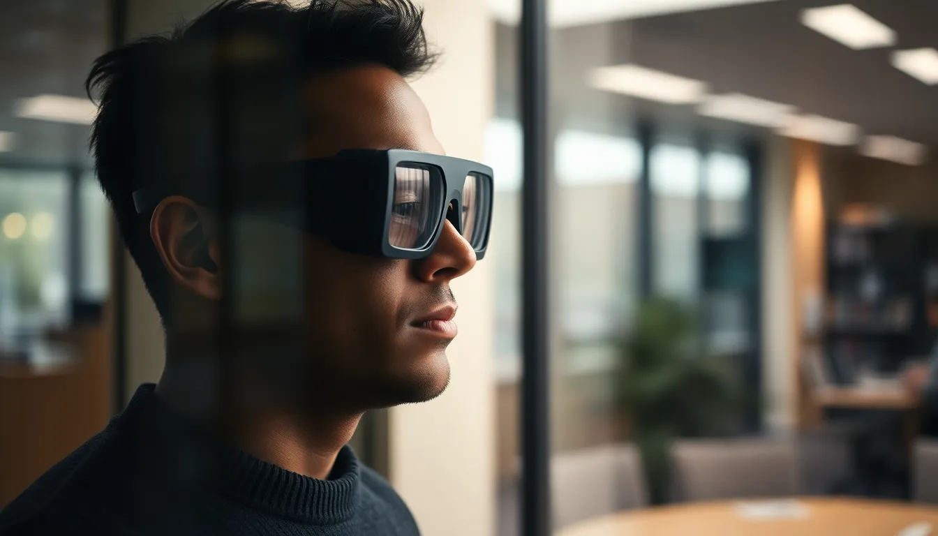 A focused individual interacts with a holographic interface while wearing sleek augmented reality glasses in a modern office setting. The softly diffused daylight creates a calm atmosphere, subtly illuminating the scene. The foreground features the glasses and hologram, while the softly blurred office environment provides context. The overall color scheme leans towards muted tones, enhancing the tech-savvy mood of the image.