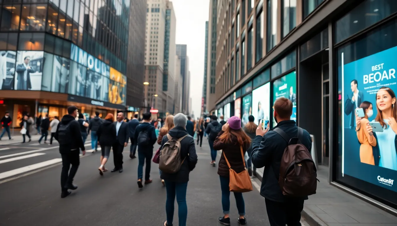 Interactive Augmented Reality Advertisements in Urban Setting This image captures a lively urban environment where pedestrians interact with augmented reality advertisements. The warm colors of the digital displays contrast with the cooler tones of the city buildings. Soft lighting enhances the details of the scene, while a shallow depth of field magnifies the engagement of individuals exploring these technological innovations. The blend of textures, from polished glass to gritty asphalt, adds richness to the atmosphere.