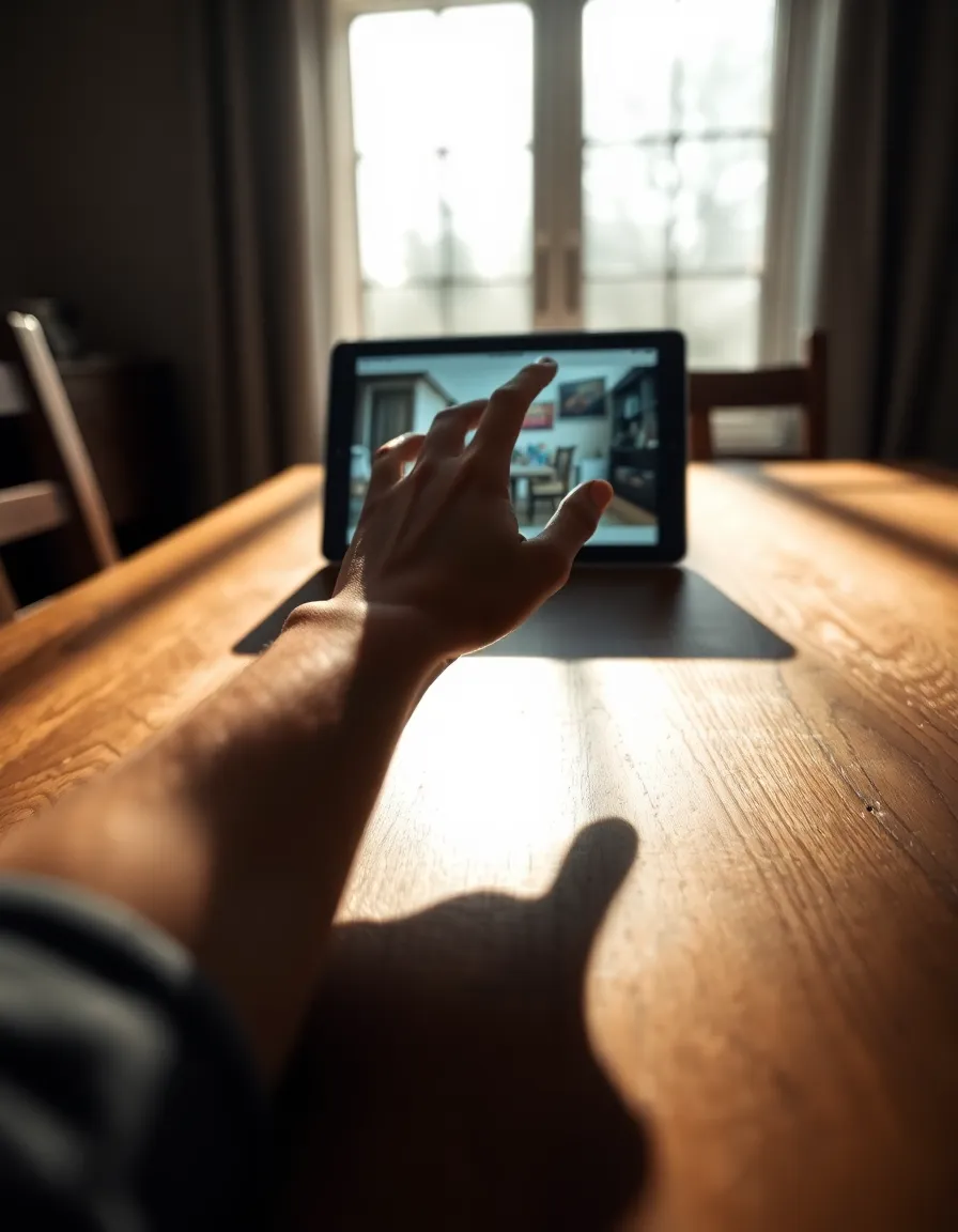 Close-Up of Hand Using Augmented Reality Tablet This intimate close-up image captures a hand interacting with an augmented reality application on a tablet, set against a backdrop of a weathered oak table. The natural light creates beautiful shadow patterns, emphasizing the tactile quality of the scene. With a shallow depth of field, the focus is on the hand and the vibrant AR graphics on the tablet, drawing the viewer into the experience. This choice of muted colors enhances the sense of realism and sophistication in tech interoperability.