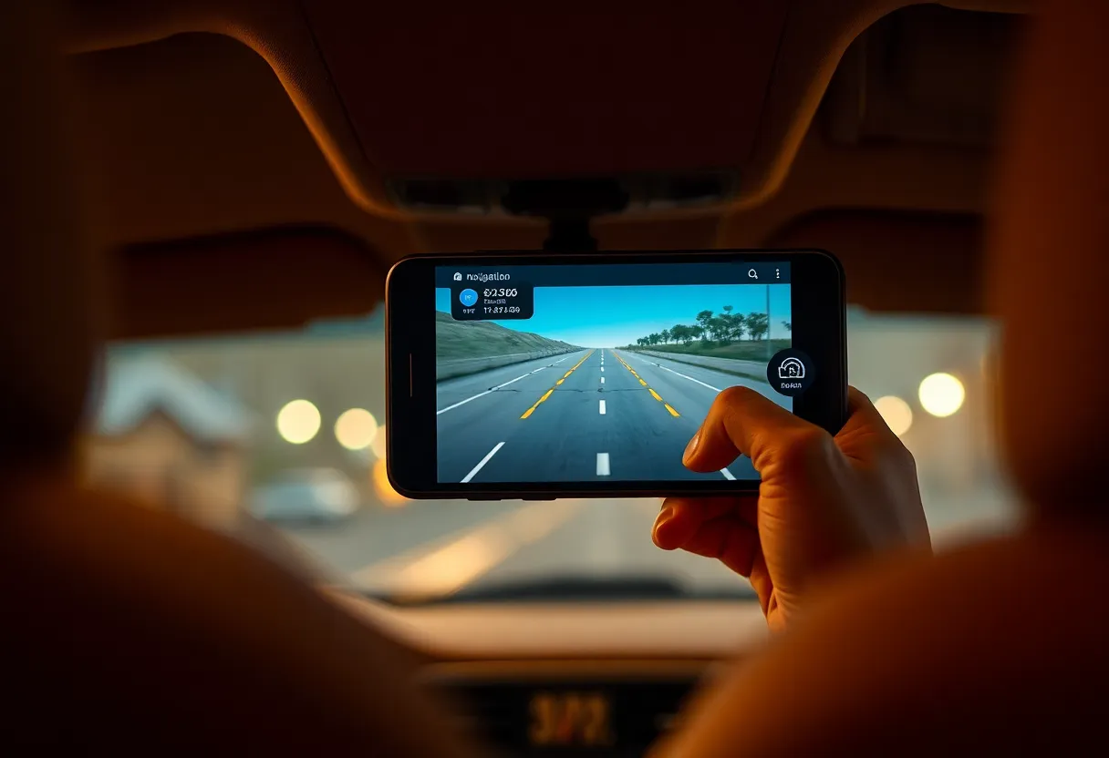 Augmented Reality Navigation in a Car This detailed macro shot highlights a smartphone showcasing augmented reality navigation features within a modern car. The warm overhead lighting creates a cozy atmosphere, contrasting the sleek metallic textures of the phone. The intricate details on the AR interface pop against the muted earth tones of the car's interior, enhancing the focus on the smart technology. The composition effectively frames the phone within the vehicle, signifying the integration of technology in everyday driving experiences.