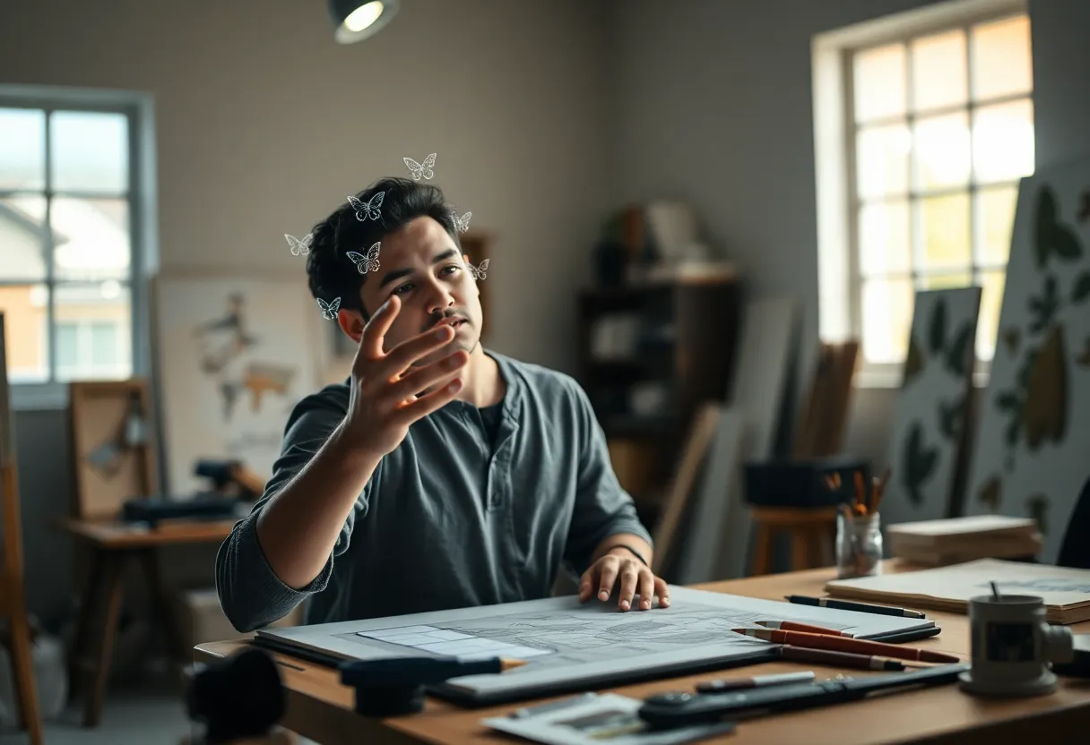 Artist Interacting with Augmented Reality in Studio