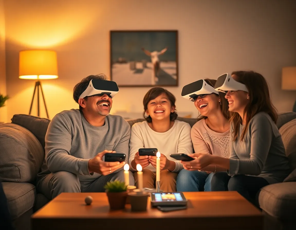 Family Enjoying Augmented Reality Games at Home A heartwarming scene of a family gathered in their cozy living room, engaging with augmented reality games through futuristic glasses. Warm tungsten lighting creates an inviting atmosphere, highlighting their joyful expressions as they connect with each other. The centered composition captures the intimate setting, with comfortable furnishings providing a perfect backdrop. Rich natural skin tones enhance the warmth of the moment, showcasing technology's role in family bonding.