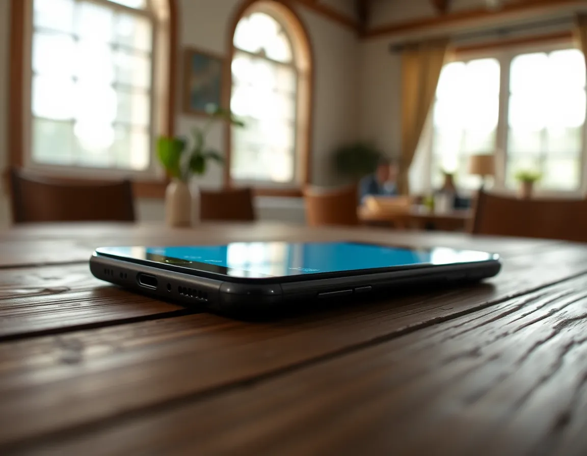 This detailed close-up image showcases an AR-enabled smartphone resting on a beautifully textured wooden table. The soft daylight creates a serene atmosphere, accentuating the smartphone's sleek lines and display. The shallow depth of field pulls focus to the device, inviting viewers to explore its capabilities. Earthy tones balanced with cooler colors enhance the inviting setting, making it perfect for technology enthusiasts.