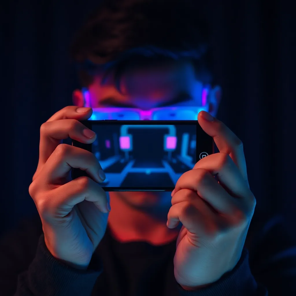 Augmented Reality Gaming on a Smartphone This captivating macro shot showcases an individual deeply engaged in augmented reality gaming on their smartphone. The vivid colors of the game's graphics contrast against the dark surroundings, creating a thrilling atmosphere. Precise focus on the device and hands highlights the texture of the glass screen and the player's natural skin details. This image captures the excitement of modern gaming technology.