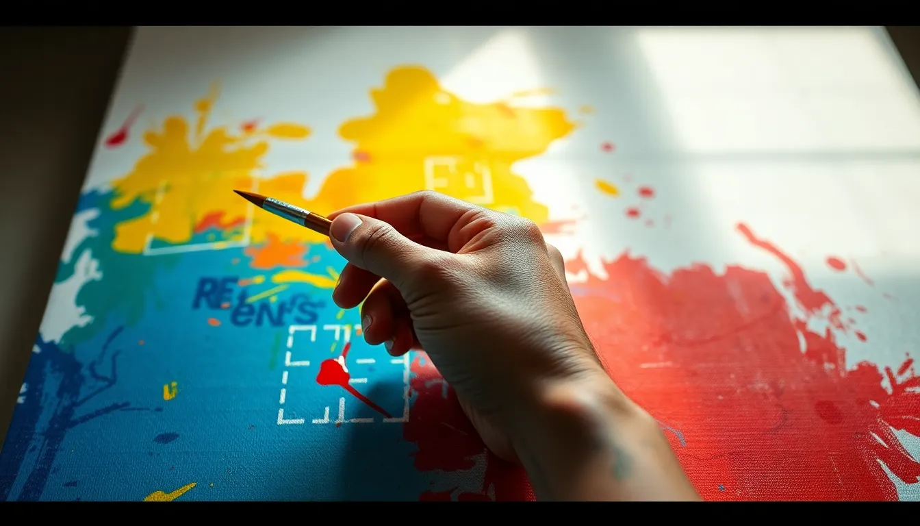 In this captivating scene, an artist's hand is seen painting augmented reality graphics on a vibrant canvas. Soft studio lighting casts gentle highlights, enhancing the rich colors of the paint and the textured surface of the canvas. With a shallow depth of field, the focus remains on the hand and brush, beautifully isolating the artistic process. The centered composition engages the viewer, celebrating the intersection of traditional art and innovative technology, showcasing how creativity can be enhanced through augmented reality.