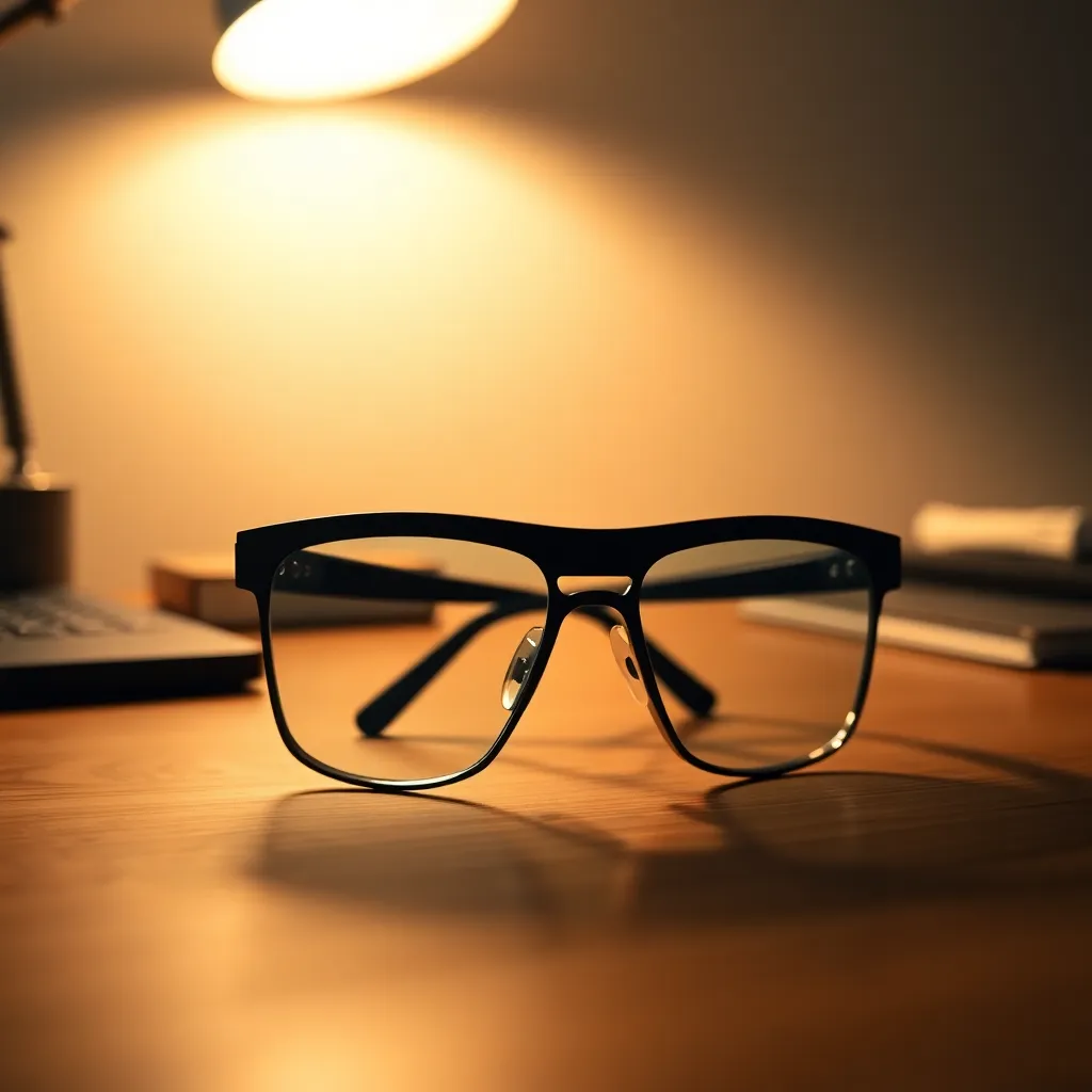 This refined image captures augmented reality glasses resting elegantly on a minimalist desk, showcasing their sleek design against a warm, inviting background. The focused lighting from the warm tungsten lamp creates depth and highlights the glasses' features, while the soft bokeh adds an ethereal quality. The muted color palette enhances the sophisticated atmosphere, making this image perfect for technology and design enthusiasts. Placing the glasses off-center brings a dynamic balance to the composition, emphasizing their importance in the future of personal tech.