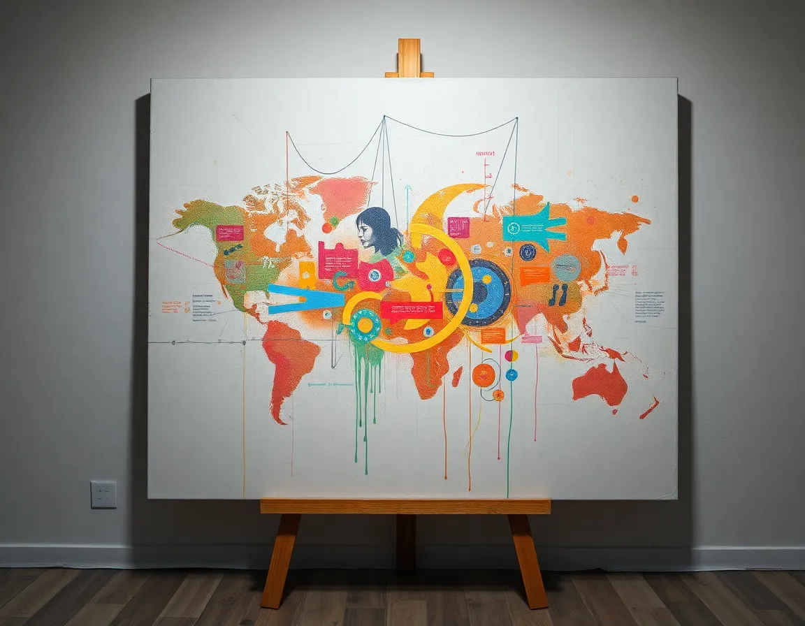 This unique image showcases the harmonious blend of augmented reality graphics with traditional painting on canvas, symbolizing the future of artistic expression. Soft studio lighting highlights the textures of paint and the sharpness of digital elements, creating a striking contrast. The muted color palette emphasizes earthy tones while allowing the vibrant AR graphics to stand out, adding a dynamic flair to the artistic scene. The symmetrical composition invites viewers to explore the integration of technology and creativity in contemporary art.