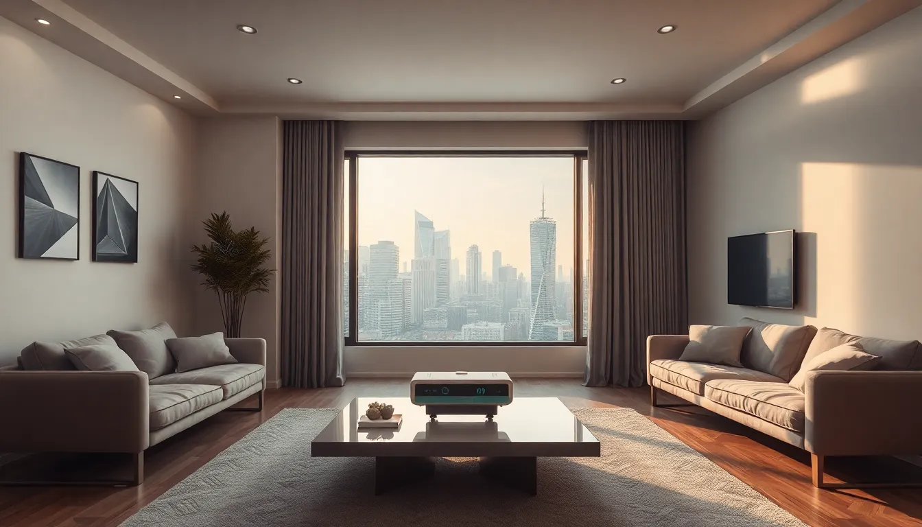 This image showcases a futuristic living room where augmented reality seamlessly integrates into everyday decor. Soft ambient lighting enhances the calming natural hues, creating an inviting atmosphere. At the center, a stylish coffee table holds an AR device, while a vibrant city skyline is framed through an open window. The depth of field highlights the cozy interior while gently blurring the outside view, emphasizing the harmony between modern technology and home comfort. This scene captures a vision of the future where technology coexists effortlessly with daily living.