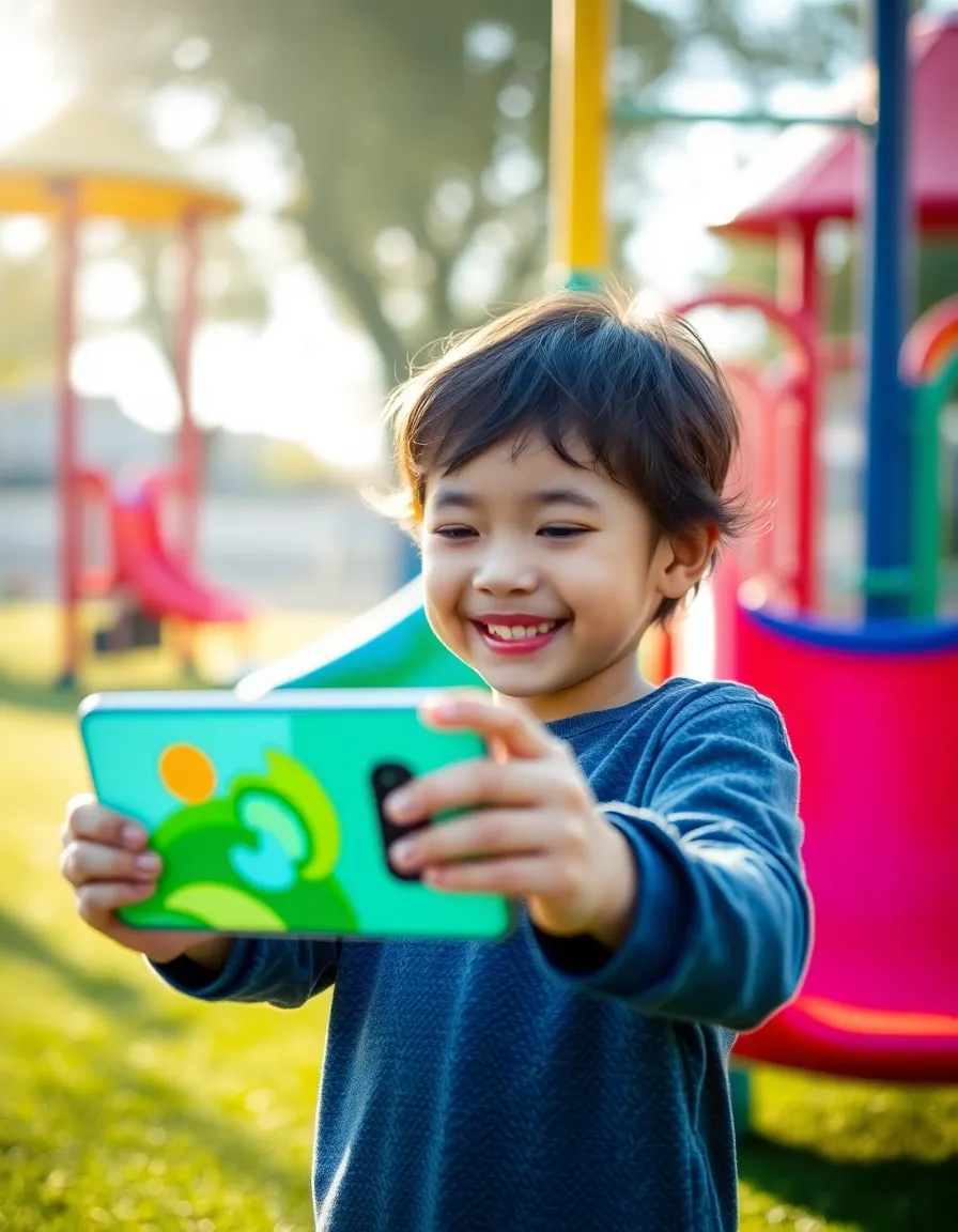 This delightful image features a child joyfully engaging with an augmented reality app in a vibrant park. The soft morning light illuminates the scene, enhancing the playful colors of the surroundings. The shallow depth of field directs focus to the child's expression, highlighting their fascination. The centered composition showcases the immersive experience, inviting viewers to appreciate both the technology and the innocence of childhood.