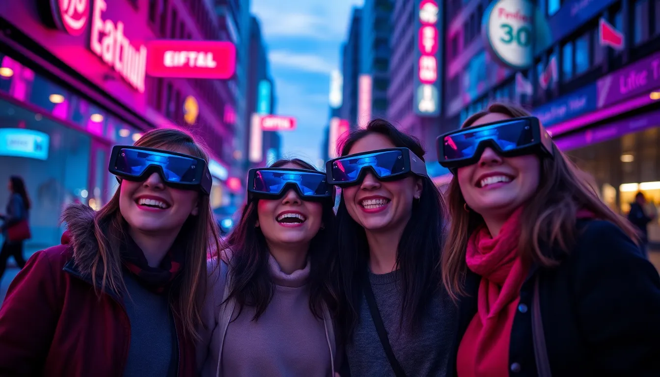 A lively scene captures a group of friends wearing augmented reality glasses, immersed in their experience amid a vibrant city nightlife. Neon lights reflect on the wet pavement, creating a colorful backdrop to their joy. The twilight setting, combined with a shallow depth of field, draws focus to the friends' expressions as the background melts away into a soft blur. The saturated colors evoke energy and excitement, encapsulating the essence of urban adventure.