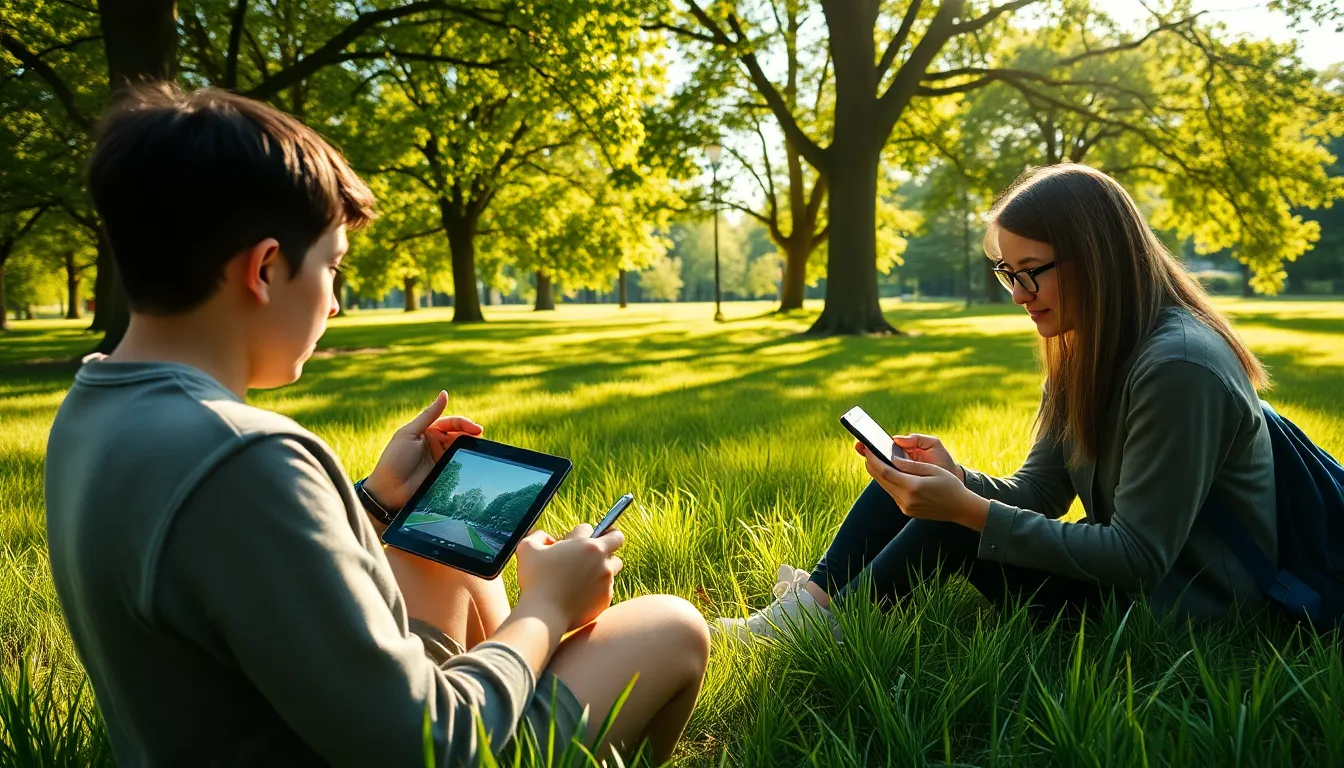 People Using Augmented Reality in a Serene Park This tranquil image captures individuals in a park interacting with augmented reality applications on their tablets. Dappled sunlight filters through lush trees, creating a calming environment. Vibrant greens and warm earth tones add to the serenity of the scene, while a shallow depth of field directs attention to the users and their devices. The textures of the grass and clothing enhance the natural feel of the outdoor experience.