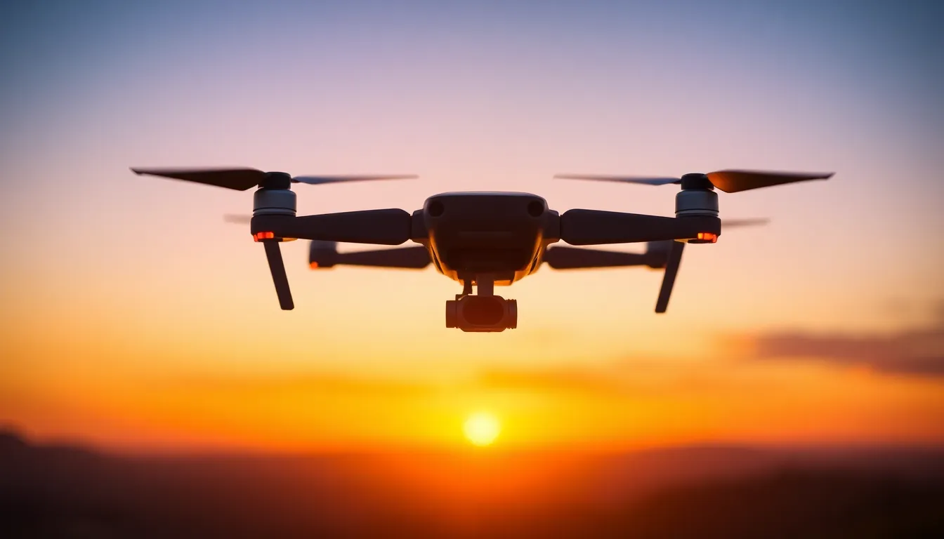 An augmented reality drone hovers against a breathtaking sunset, showcasing a blend of technology and nature. Captured in stunning golden hour lighting, the warm colors of the sky complement the sharp focus on the drone. The composition uses leading lines drawn from the horizon, inviting viewers into the scene. Rich atmospheric colors evoke tranquility and wonder, emphasizing the harmony between innovation and the natural world.