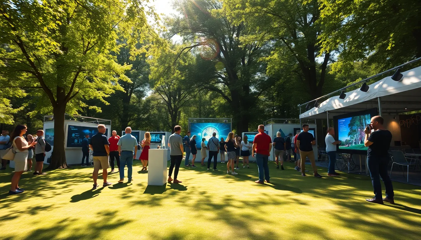 This lively image encapsulates an outdoor augmented reality exhibition where participants engage with interactive holograms under a bright sunny sky. The dappled sunlight adds a playful ambiance, enhancing the visual appeal of the colorful displays. The composition effectively captures the excitement of attendees as they explore the intersection of technology and reality. The vibrant colors and crisp detail invite viewers into this innovative experience.