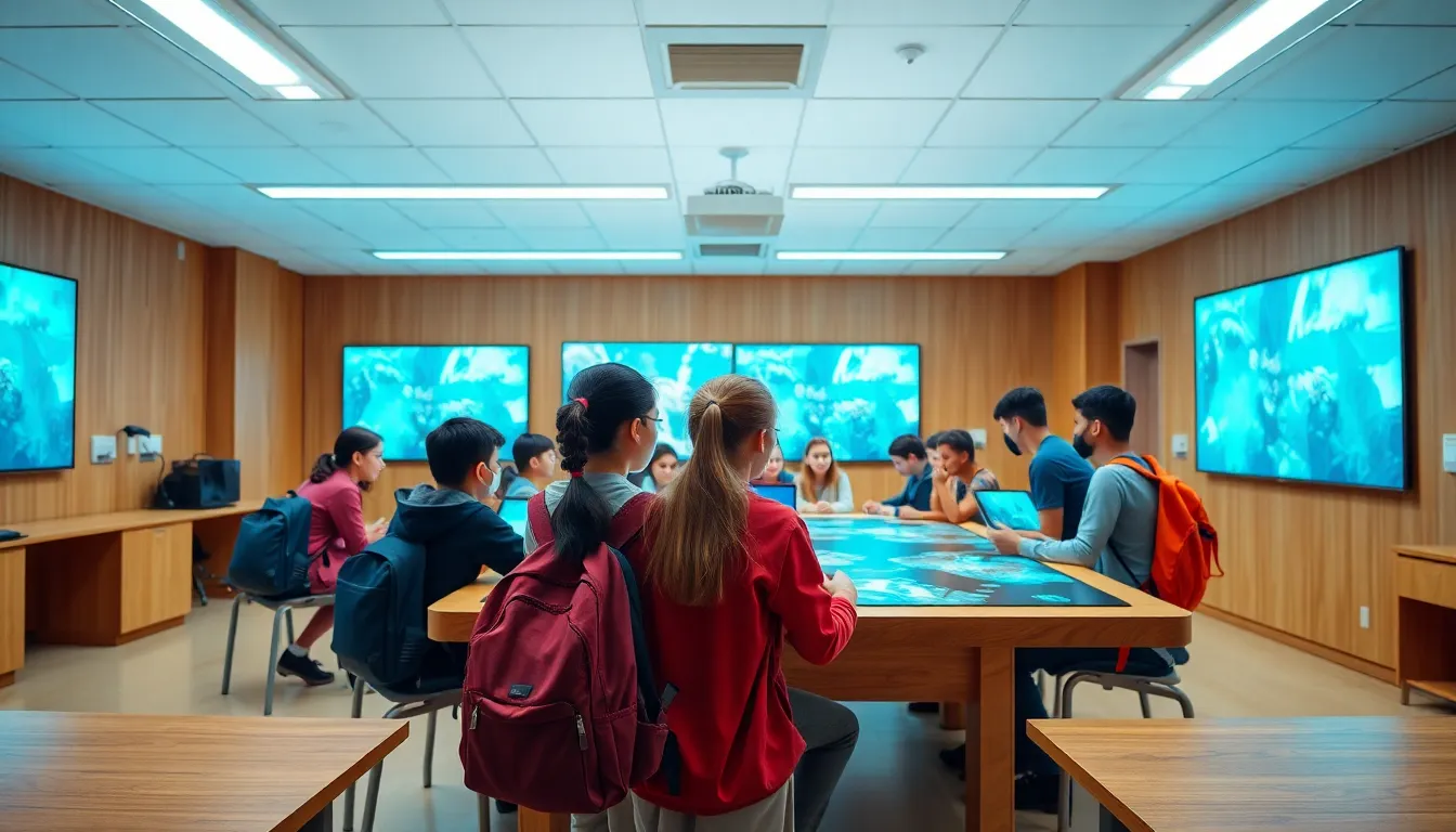 Futuristic Classroom with Augmented Reality Technology This dynamic classroom scene portrays students engaging with augmented reality tools to enhance their learning experience. The bright overhead lighting illuminates both the technological devices and the students' enthusiastic expressions. Vivid colors from screens and warm wood surfaces create an inviting atmosphere. The detailed textures enhance the sense of immersion in this cutting-edge educational environment.