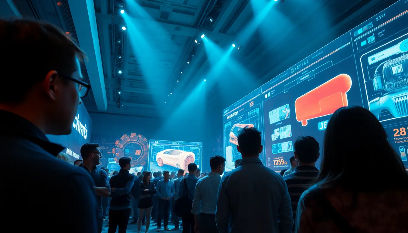 This captivating image captures the bustling energy of a tech expo, where attendees engage with mesmerizing augmented reality displays. The dynamic lighting and shadows create an exciting ambiance, drawing attention to the vibrant holograms. The rich teal and orange tones evoke a modern, high-tech feel, enhancing the viewer's immersion into the futuristic setting. The composition, shot from an angle that emphasizes motion and interaction, highlights the synergy between people and technology, inviting viewers to experience the innovation firsthand.