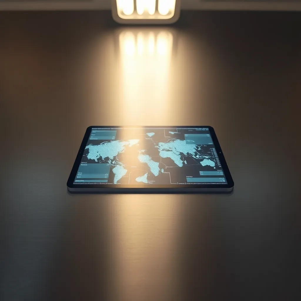 Close-Up of Augmented Reality Interface This striking close-up image showcases an intricate augmented reality interface projected onto a sleek brushed stainless steel surface. The practical lighting highlights the details of the AR graphics while creating elegant reflections on the surface. With a shallow depth of field, the focus remains sharp on the interface, contributing to a polished, futuristic appearance. The symmetrical composition underlines the sophisticated technology at play, making this image a captivating representation of AR design.