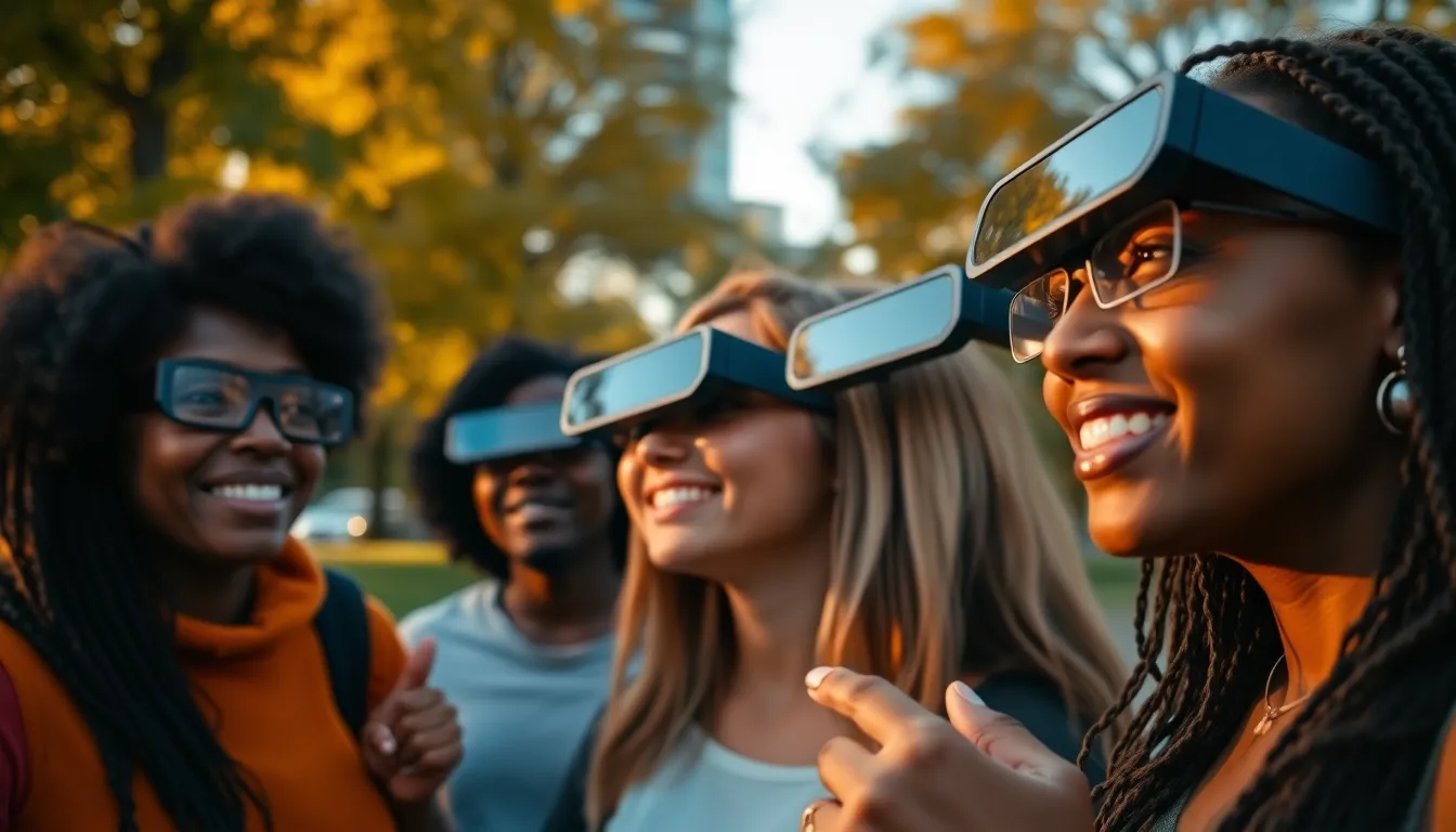 In this lively scene, a group of diverse young adults interact with augmented reality glasses in an urban park during golden hour. The warm glow of the setting sun enhances their features, casting soft shadows and creating an inviting atmosphere. Their expressions of excitement reflect the innovative technology in use, as the vibrant greens of the park create a lively backdrop. The composition draws the eye towards the group while maintaining a soft focus on the lush environment.