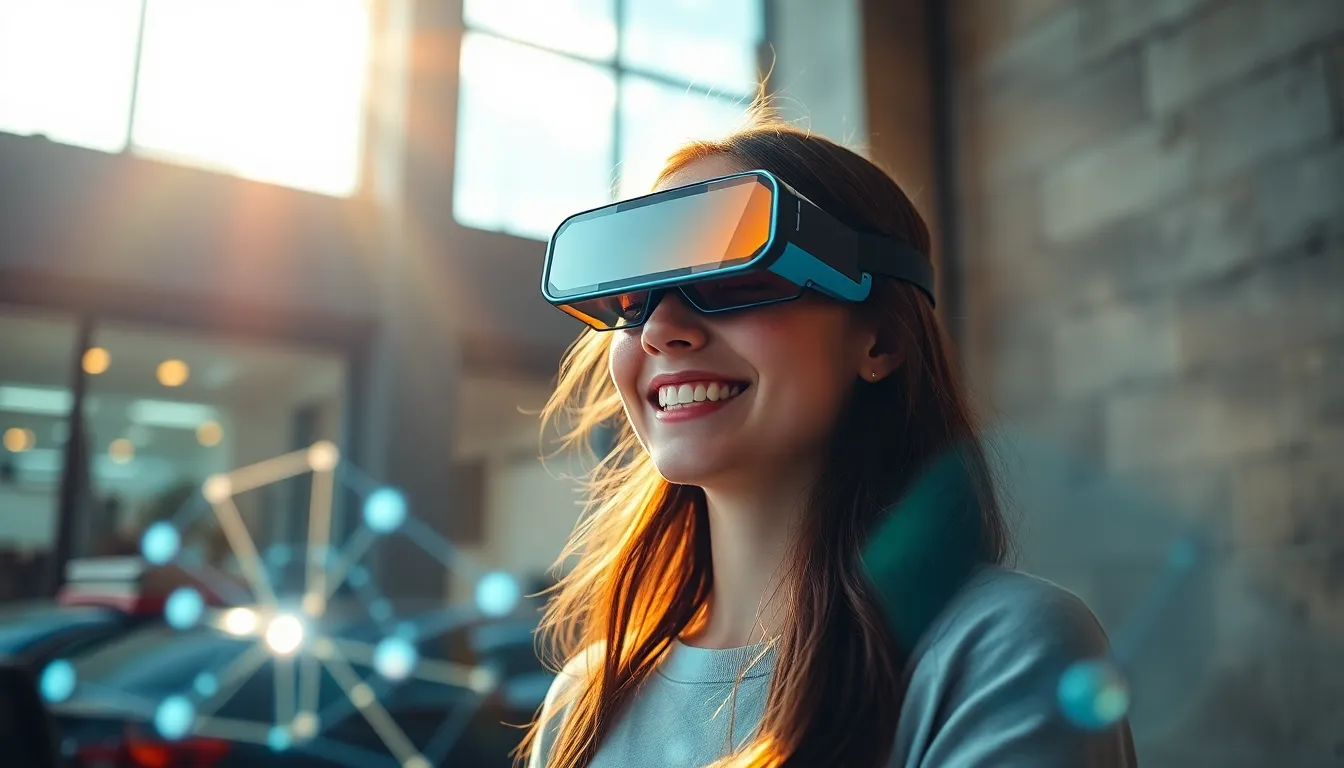 Woman Engaging with Augmented Reality Holograms A young woman wearing augmented reality glasses interacts joyfully with 3D holographic visuals in a modern tech studio. Illuminated by natural sunlight, the holograms emit a futuristic glow against a textured concrete backdrop. The shallow depth of field emphasizes her engagement with the technology, creating a captivating scene. The color palette features vibrant teals and warm oranges, enhancing the high-tech atmosphere.