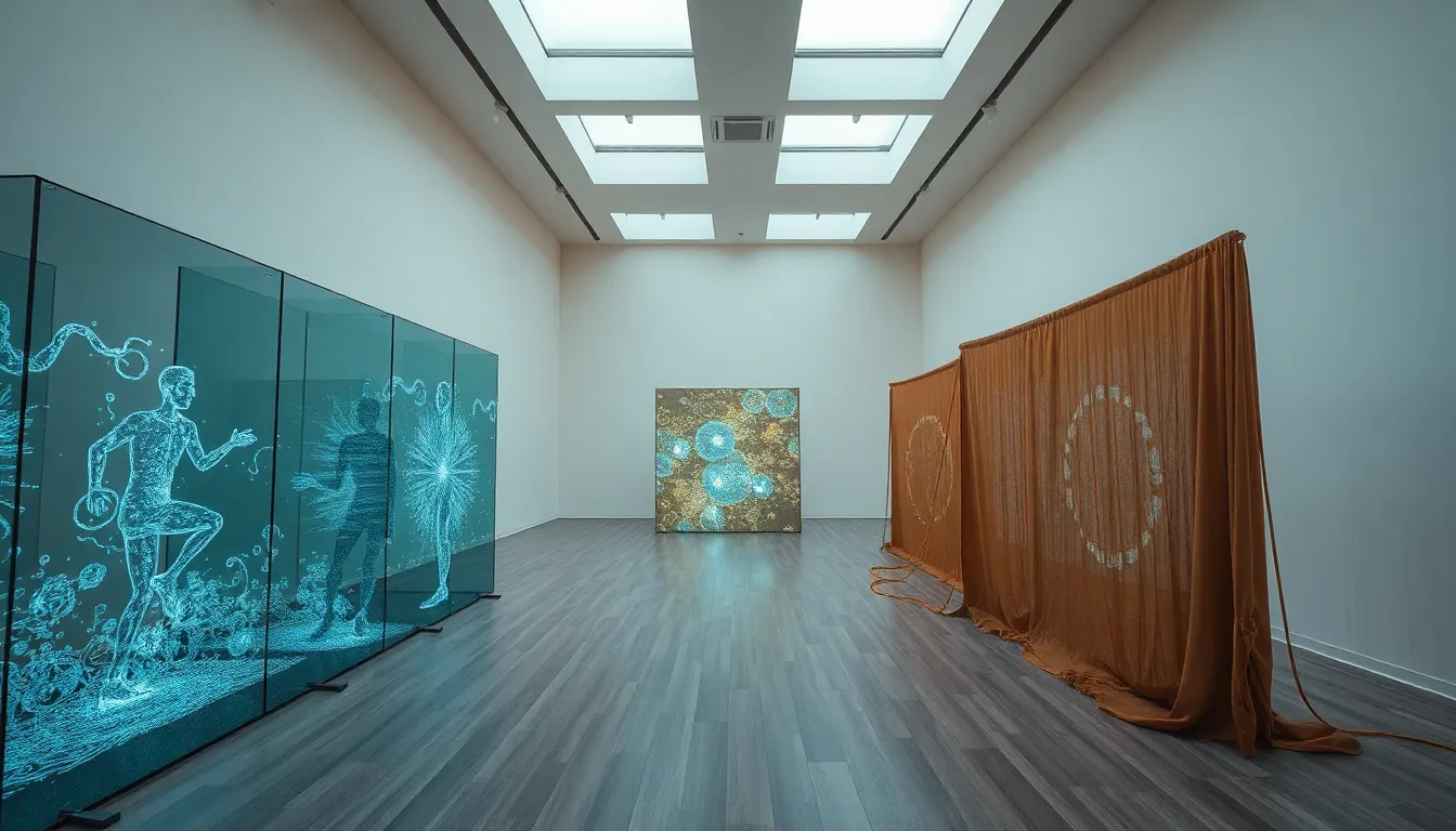 An artistic installation in a gallery showcases the intersection of augmented reality and various materials like glass and fabric. The soft illumination from overcast skylights highlights these textures, while digital overlays create an engaging visual experience. The composition uses leading lines to draw the viewer's eye through the space, emphasizing the innovative nature of the artwork. Natural muted tones enhance the visual harmony between the physical and digital realms, captivating those who engage with the installation.