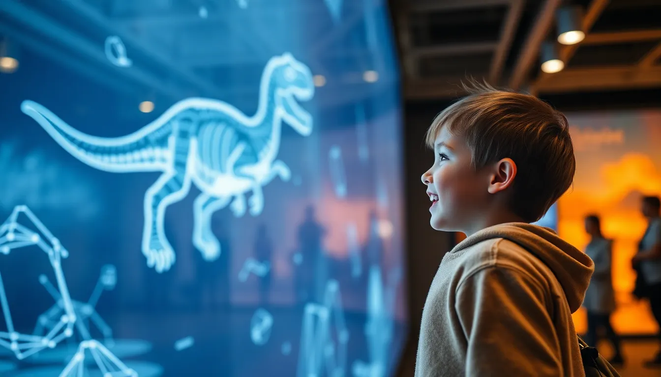 Child Engaging with Augmented Reality Dinosaur This striking image captures a child at a tech exhibition, enthralled by an augmented reality dinosaur display. Soft lighting enhances the sleek design of the exhibit, while the child's wonder is palpable as they reach out to interact with the vivid projections. The muted background contrasts beautifully with the bright colors of the AR elements, creating a captivating focal point. The composition emphasizes the child's emotional response, inviting viewers into the wonder of technology.