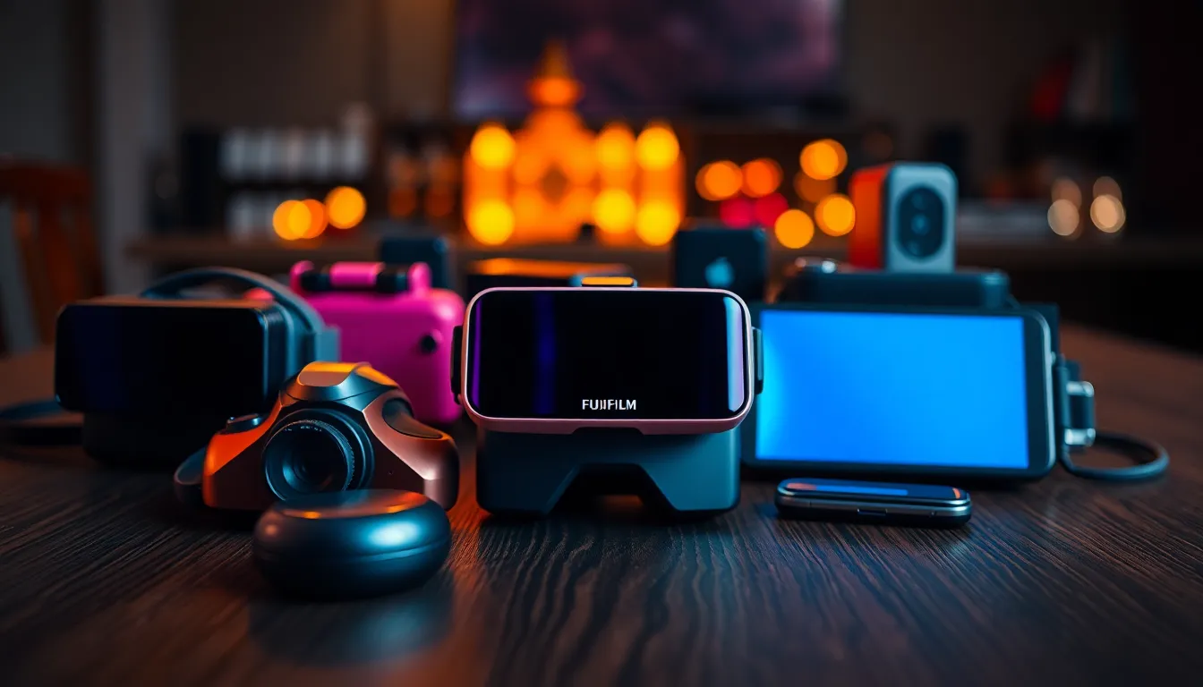 A stunning composition of augmented reality gadgets is showcased on a richly textured wooden table, illuminated by soft overhead lighting that highlights their sleek designs. The shallow depth of field creates an engaging focus on the intricate details and surfaces of the devices, while the blurred background adds a sense of depth. The vibrant metallic tones of the gadgets create an appealing contrast against the warm wood, inviting exploration of technology in a serene setting.