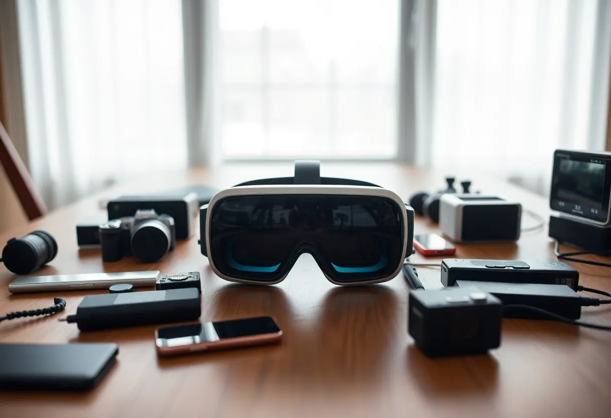 Close-Up of Smartphone with Augmented Reality A highly detailed close-up of a smartphone featuring a vibrant augmented reality application set against a softly lit wooden table. Natural light enhances the colors of the screen, creating an inviting atmosphere. The shallow depth of field draws attention to the phone, while the blurred background provides a warm, natural feel. The composition strategically places the device for visual balance, making it an engaging focal point.