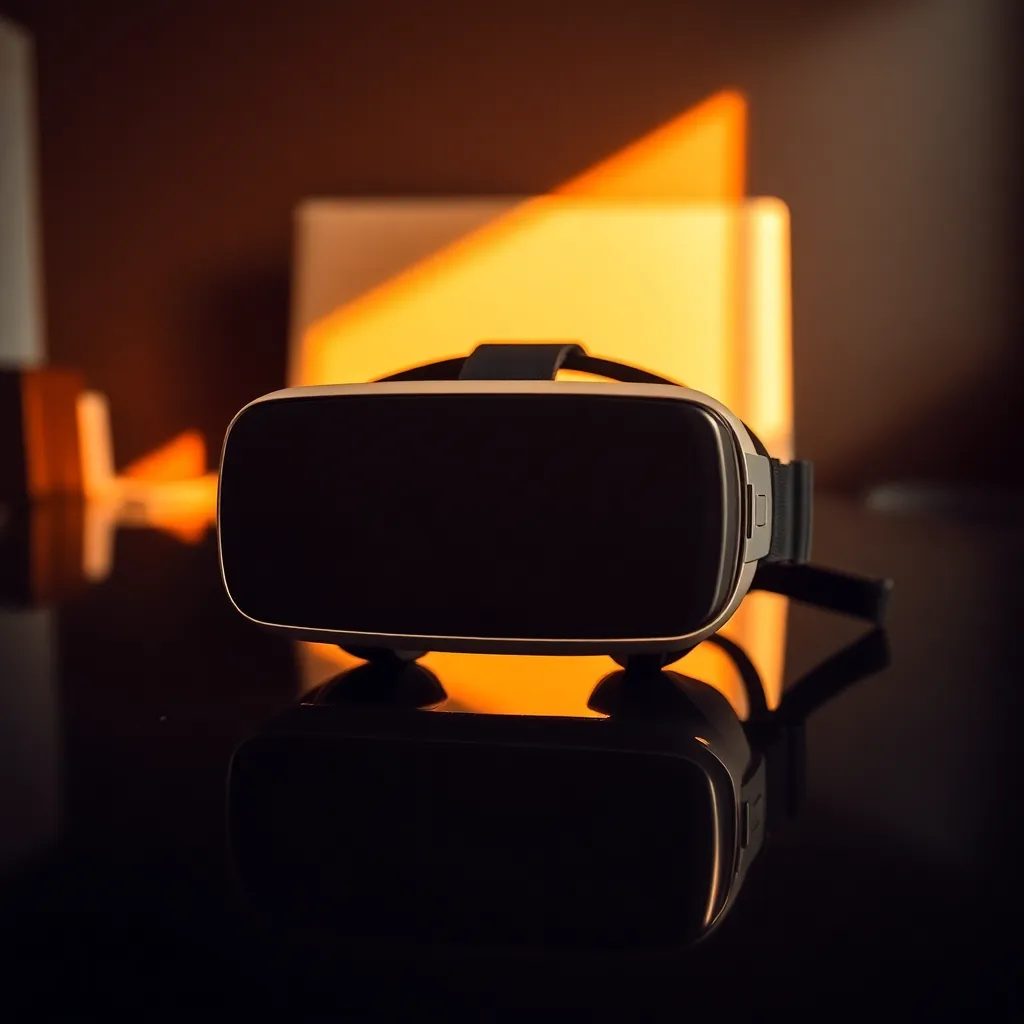 This close-up image highlights a modern augmented reality headset resting on a glossy black surface, showcasing its intricate design and high-quality materials. The warm lighting casts shadows that add depth and texture, while the vivid colors draw the viewer's eye towards the details of the headset. The composition's symmetry and reflections on the surface create a striking balance, positioning the headset as an emblem of cutting-edge technology. This image encapsulates the essence of innovation and sophistication in the tech world.