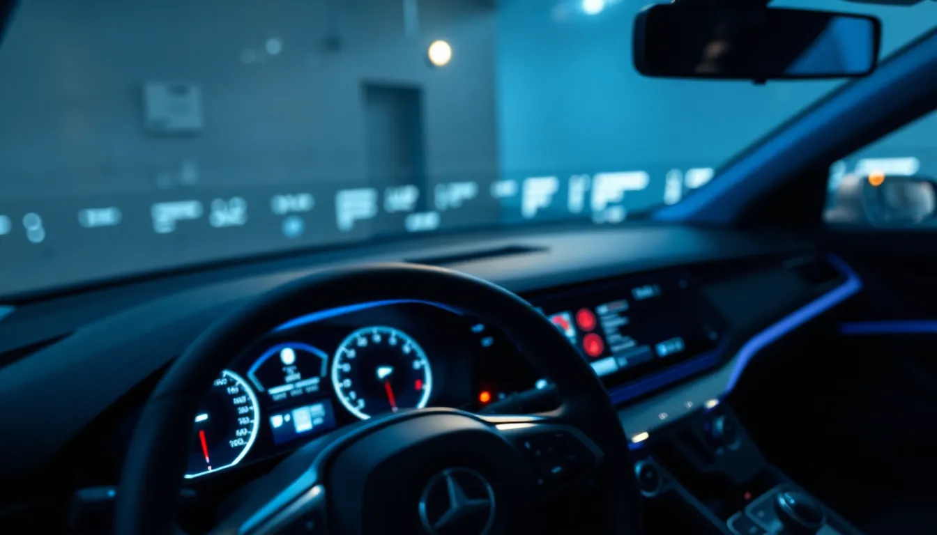 Augmented Reality Interface on Automotive Dashboard An elegant shot of an augmented reality interface projected over a contemporary automotive dashboard, captured in a studio with precise lighting. The cool color palette of blues and grays highlights the modern design of the vehicle's interior. The shallow depth of field accentuates the dashboard's intricate details, while the soft glow of the AR interface adds an innovative touch. The composition employs diagonal lines that guide viewers through the image, illustrating the fusion of technology and design.