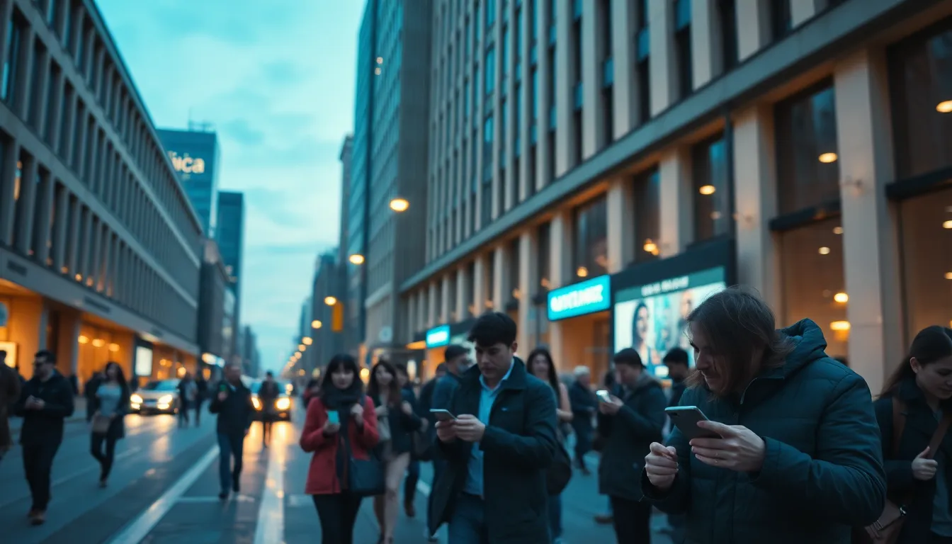 In a bustling futuristic city street, pedestrians utilize augmented reality devices to navigate their surroundings as dusk falls. The moody blue hour is illuminated by soft street lights, creating a captivating urban atmosphere. This image features a cinematic color palette of teal and orange, enhancing the dynamic feel of the scene. A Dutch angle composition adds energy and movement, inviting viewers to explore the innovative intersection of technology and urban life.