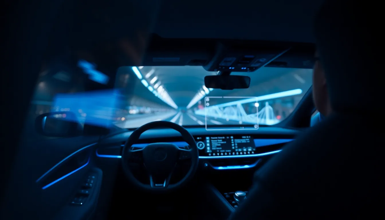 This image captures a high-tech augmented reality interface displayed on a futuristic dashboard inside a self-driving car. The soft blue LED lighting enhances the sleek design, creating a sci-fi ambiance that feels like a glimpse into the future. The selective focus draws attention to the dashboard's intricate details, while the blurred background exudes luxury and modernity. With a dynamic Dutch angle, the composition reflects the innovative nature of automotive technology, making the scene both intriguing and visually captivating.