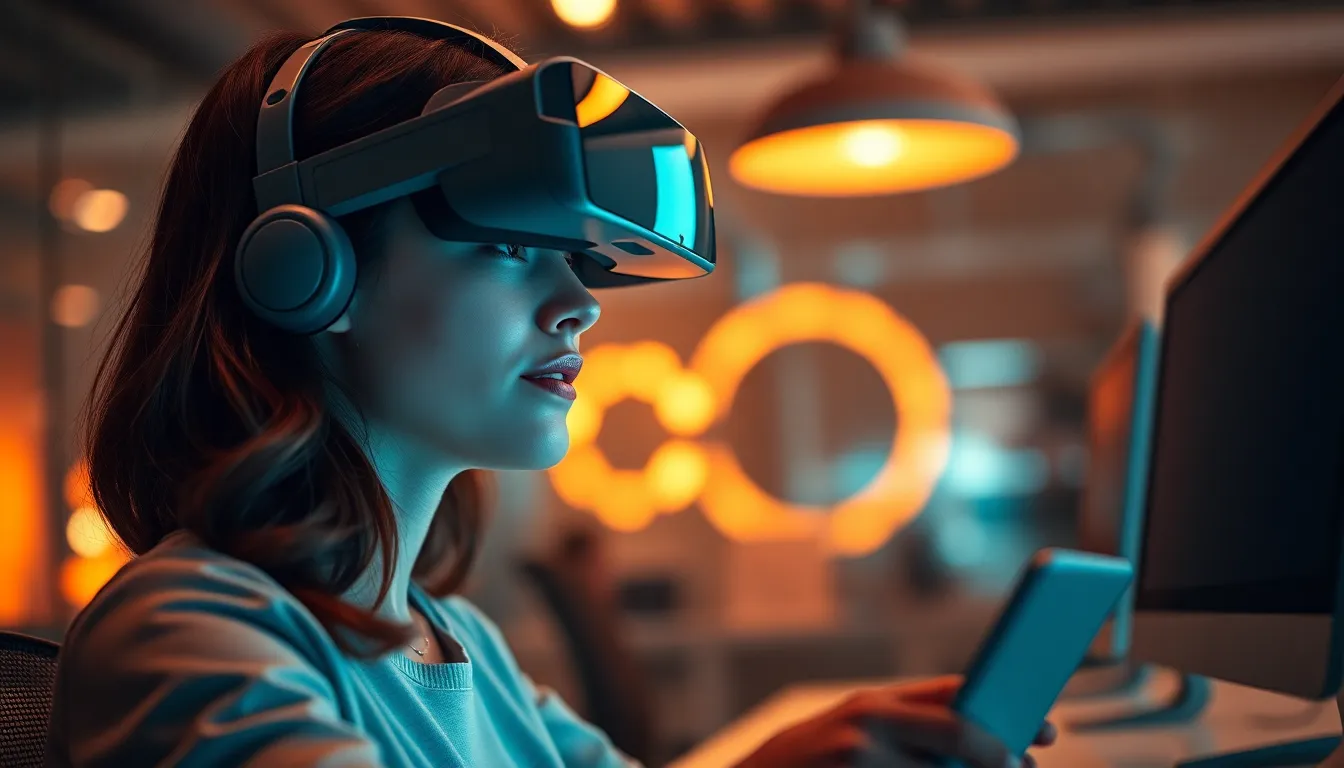 Woman Using Augmented Reality Headset in Office