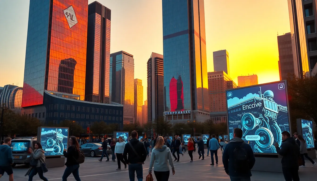 Futuristic Cityscape with Augmented Reality Interaction This vibrant image captures a futuristic city at sunset, highlighting the integration of augmented reality into urban life. The warm golden light baths the skyscrapers, while reflections create a stunning backdrop for pedestrians engaging with interactive public art. The shallow depth of field draws attention to the vibrant scene, ensuring an emotional connection to the innovative technology on display. With soft textures and rich colors, the image embodies the spirit of a technologically advanced and engaged community.