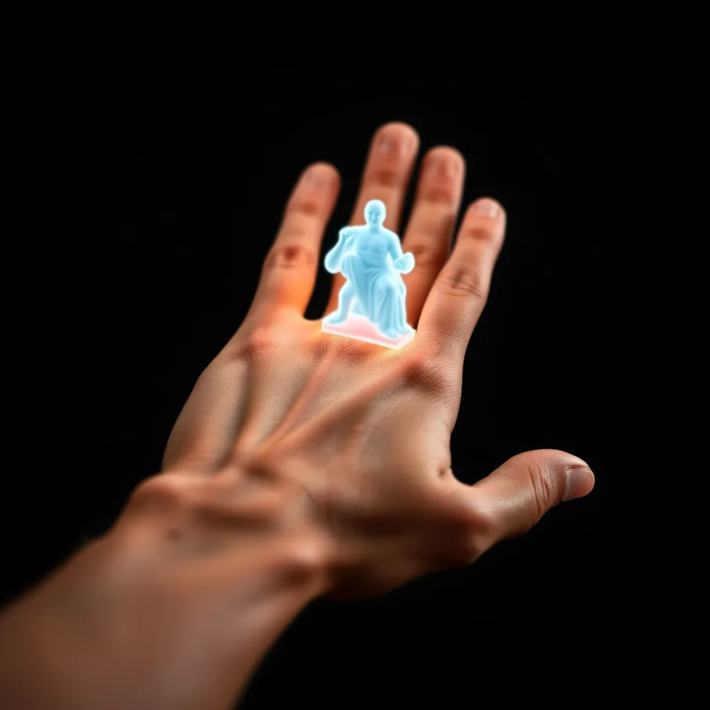 Close-Up of Hand Interacting with Augmented Reality Model This compelling close-up image captures a hand engaging with a vivid 3D model in augmented reality, set against a dramatic dark background. The carefully controlled studio lighting accentuates the tactile details of the skin, revealing the natural texture and tones. Rich contrasts and a shallow depth of field create a striking visual effect that underscores the connection between humanity and digital innovation. This artwork perfectly encapsulates the essence of augmented reality interaction.