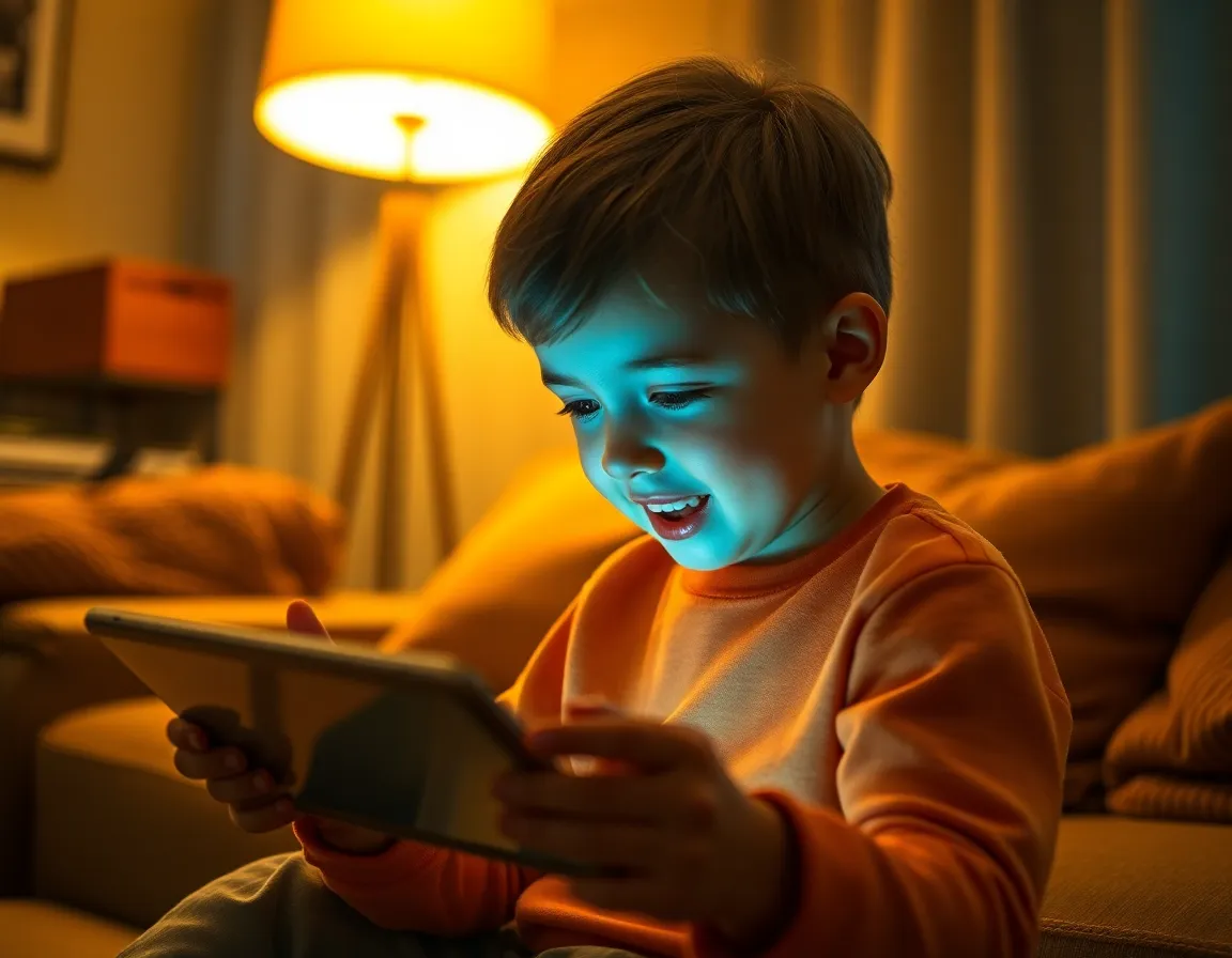 A child discovers an augmented reality application on a tablet, visibly excited as they lean forward in a cozy living room. Warm tungsten lighting casts inviting shadows, highlighting the child's features. The selective focus draws attention to the child's face, with the blurred background creating a sense of depth. Rich teal and orange hues contribute to a cinematic feel, evoking fascination and curiosity.