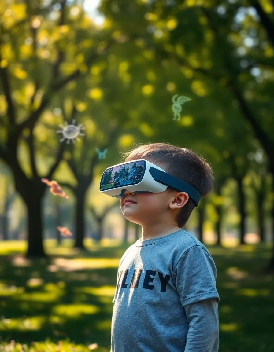 A Child's Imagination Fueled by Augmented Reality This enchanting image features a child in a park, fully immersed in an augmented reality experience while wearing high-tech goggles. Surrounded by playful animated creatures, the dappled sunlight creates a warm and serene environment, perfect for imagination. The shallow focus beautifully blurs the background, highlighting the child’s expression of wonder and excitement. The vibrant color palette enhances the magical feel of the scene, making it a delightful representation of technology’s potential for creativity.