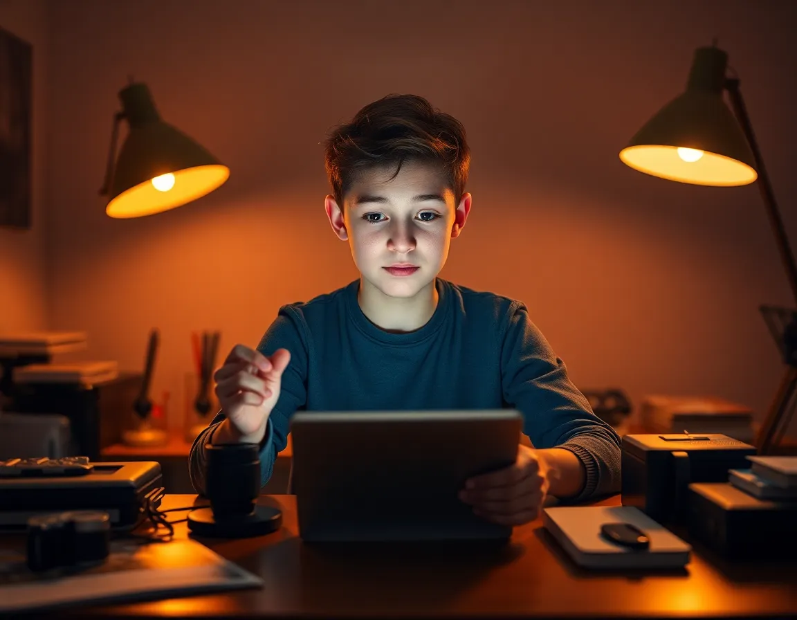 In this captivating image, a teenage boy is deeply focused on an augmented reality interface hovering above his tablet. Bathed in warm light from nearby desk lamps, the setting conveys a cozy yet tech-forward atmosphere. His expression of concentration highlights the integration of digital innovation in personal learning experiences. The visually dynamic composition, with a soft background, draws viewers into his world, merging technology with everyday life.
