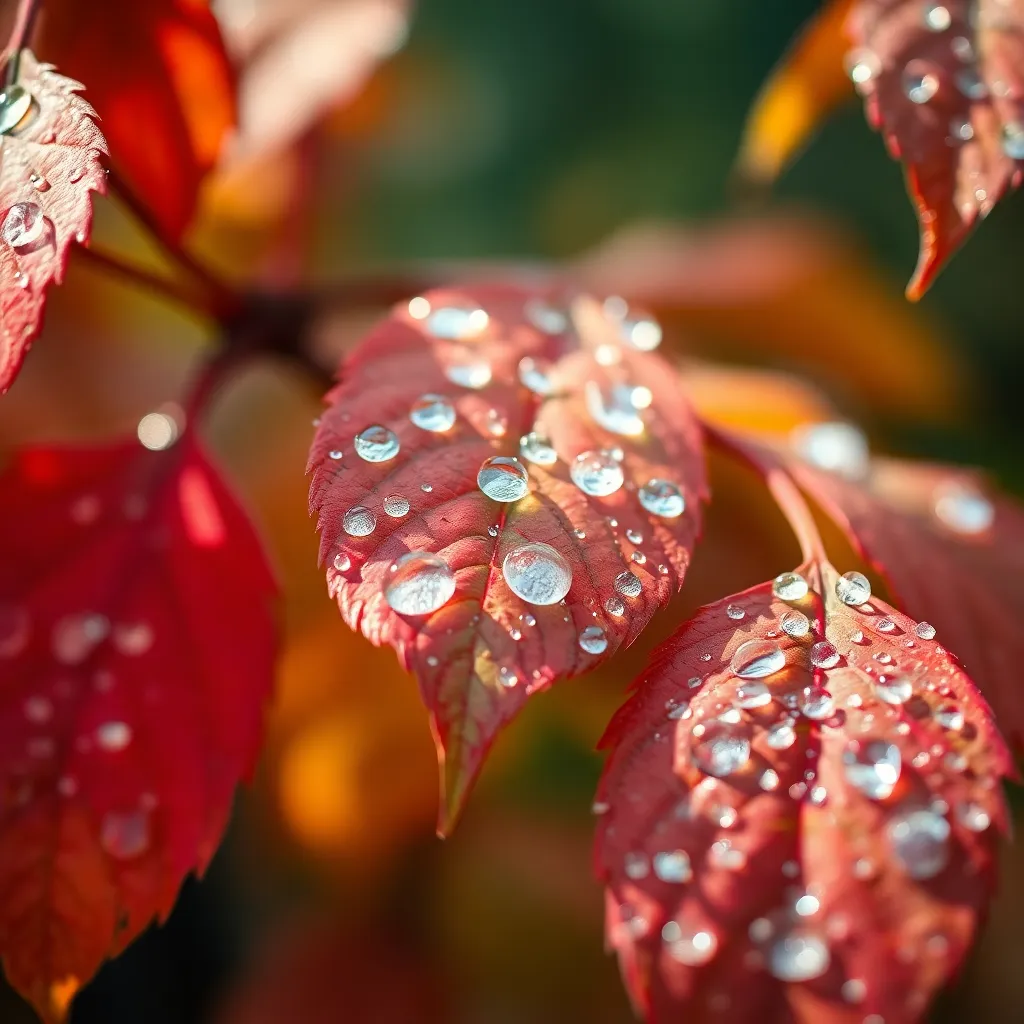 This intricate close-up captures autumn leaves glistening with morning dew, highlighting the beauty of nature's details. The gentle morning light refracts through the droplets, creating a magical sparkle that enhances the rich colors of the leaves. This macro perspective offers a unique view of the textures and patterns found in nature, evoking a sense of freshness and renewal. The soft bokeh provides a beautiful contrast, allowing the viewer to appreciate the intricate perfection of each leaf.