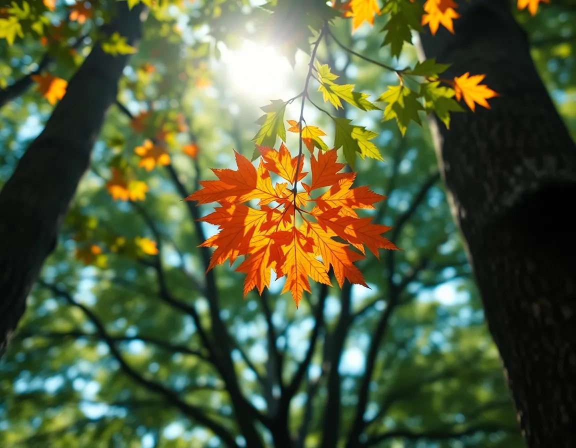 This image features a stunning close-up of autumn leaves illuminated by dappled sunlight. The warm oranges and reds of the leaves create a mesmerizing interplay of light and shadow against a softly blurred background. Each leaf's intricate texture is highlighted, with dew droplets adding a refreshing touch. The composition places the glowing leaves in the foreground, inviting viewers to appreciate the beauty of the season.
