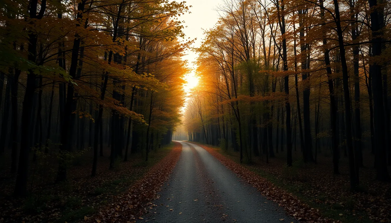 A peaceful forest path enveloped in the warm glow of golden hour, with trees flanking the sides displaying their vibrant autumn foliage. The warm rim light highlights the leaves, capturing the rich hues of red, orange, and yellow against the soft earth tones of the path. The composition is symmetrical, drawing the viewer down the inviting trail, surrounded by the serene beauty of nature. This image evokes a sense of calm and tranquility during the autumn season.