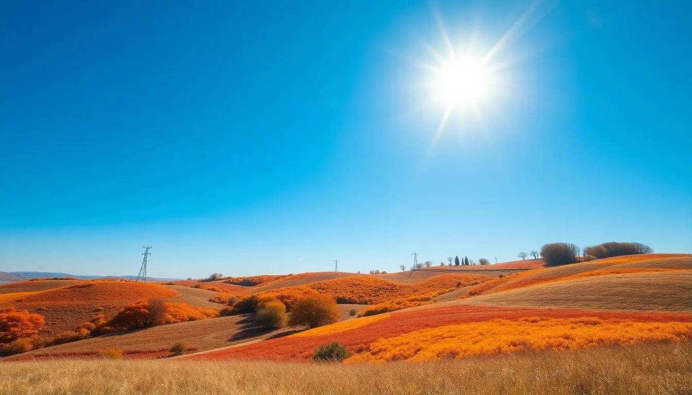 This expansive image showcases rolling hills adorned in a patchwork of vibrant autumn foliage, illuminated by bright sunlight under a clear blue sky. The colors range from deep reds to brilliant golds, creating a lively and colorful landscape. The balanced composition follows the rule of thirds, drawing the viewer's eye across the undulating terrain. This scene captures the essence of autumn in nature, showcasing the beauty of change and the richness of seasonal colors.