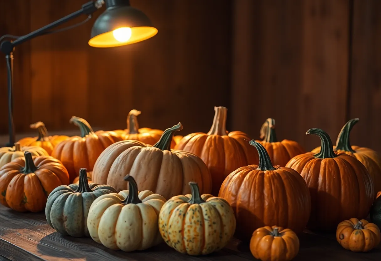 Rustic Display of Pumpkins Under Lamp