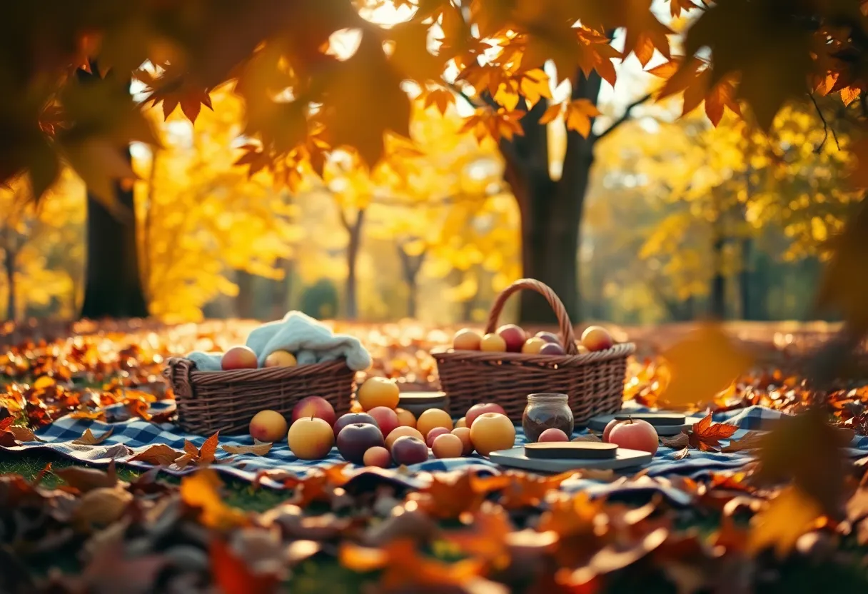 This inviting image portrays a charming picnic scene set against a backdrop of brilliant autumn leaves. Warm sunlight spills through the branches, casting a soft glow on the picnic blanket decorated with seasonal fruits and a rustic basket. The autumn foliage in vibrant oranges and yellows creates a picturesque frame, inviting viewers to imagine a cozy, relaxing day outdoors. This composition captures the essence of fall, making it perfect for celebrating the season's beauty.