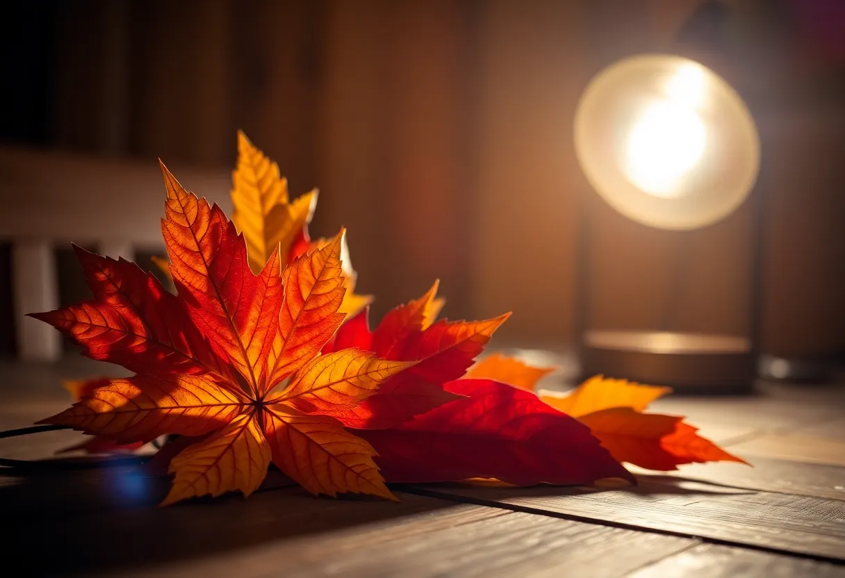 This intimate still life composition features a rustic wooden table adorned with vibrant autumn leaves and chestnuts. The warm glow from a tungsten desk lamp casts a cozy ambiance, enhancing the rich reds and golds of the foliage and the textures of the wood grain. With a shallow depth of field, the focus is drawn to the intricate details of each leaf and chestnut, creating a warm autumn feel.