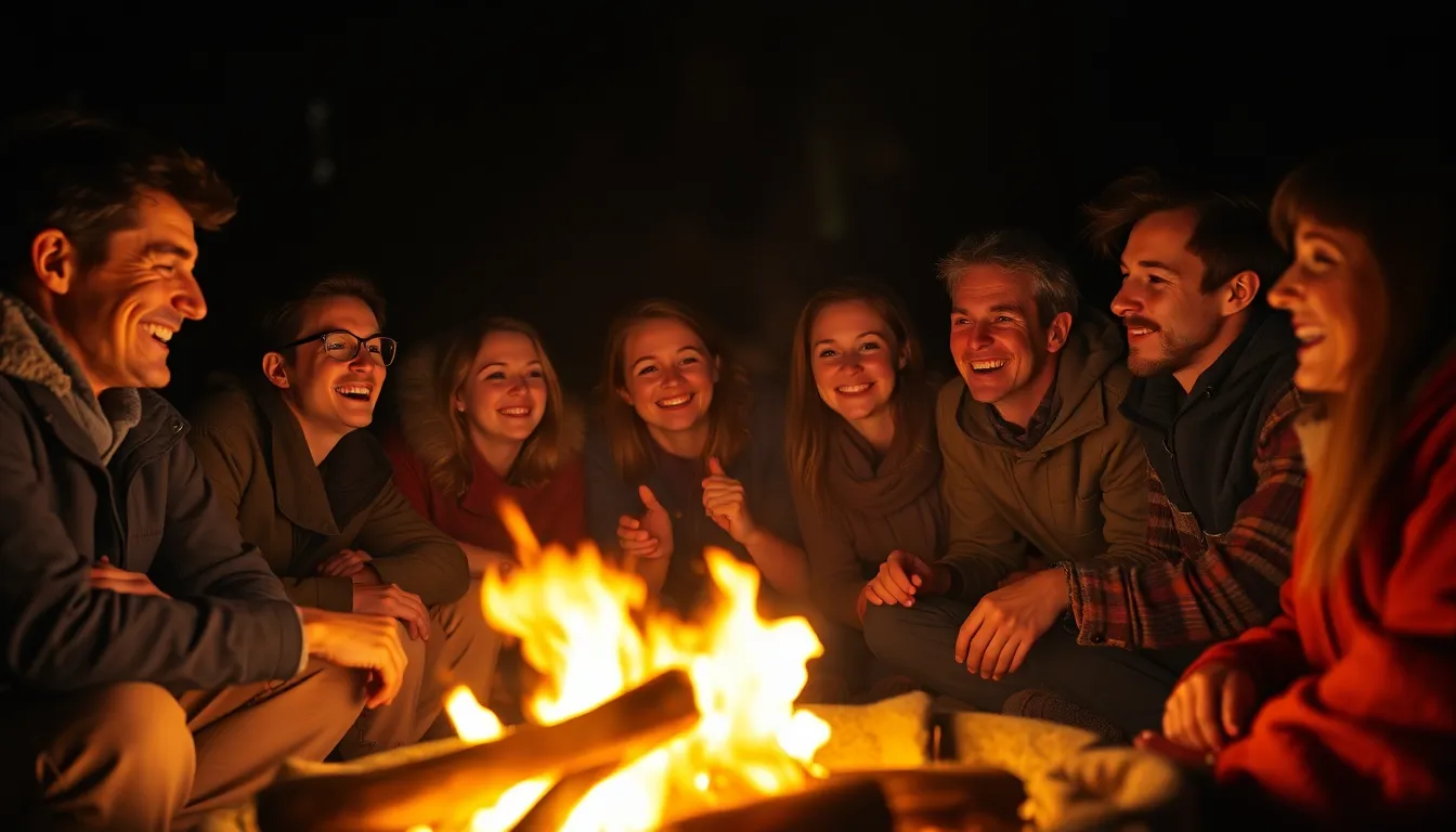 A heartwarming scene of friends gathered around a campfire on an autumn evening. The flickering firelight creates a warm glow, casting playful shadows on their faces as they share laughter and stories. The image captures the cozy atmosphere enhanced by soft, muted tones and the texture of blankets and clothing. The Dutch angle adds a sense of dynamic tension, perfectly framing the joyful spirit of togetherness during the fall season.