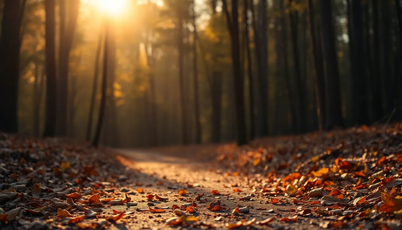 This tranquil scene depicts a winding forest pathway covered with vibrant autumn leaves, beautifully illuminated by soft golden backlighting. The natural, muted tones of the leaf litter create an inviting atmosphere, while the leading lines of the path beckon the viewer to explore further. With attentive detail to texture, the fallen leaves showcase their rich colors and surface characteristics, emphasizing the serenity of an autumn stroll in nature.